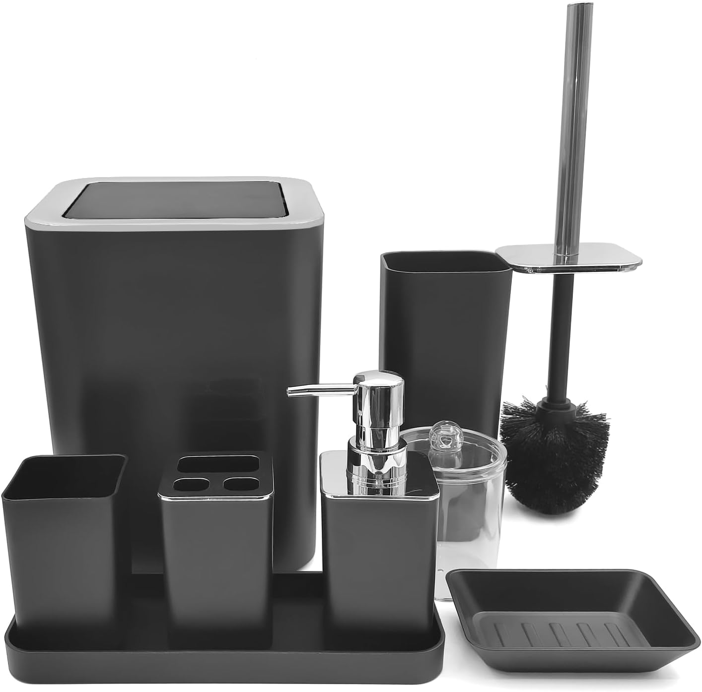 Black Bathroom Accessories Set 8-Piece with Trash Can and Qtip Holder