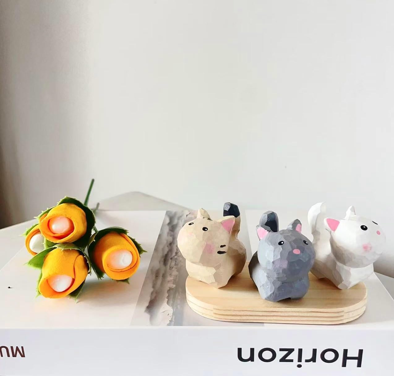 ShaoAngDuoMi Cute Mini Carved Wooden Cat Figurines 4PCS