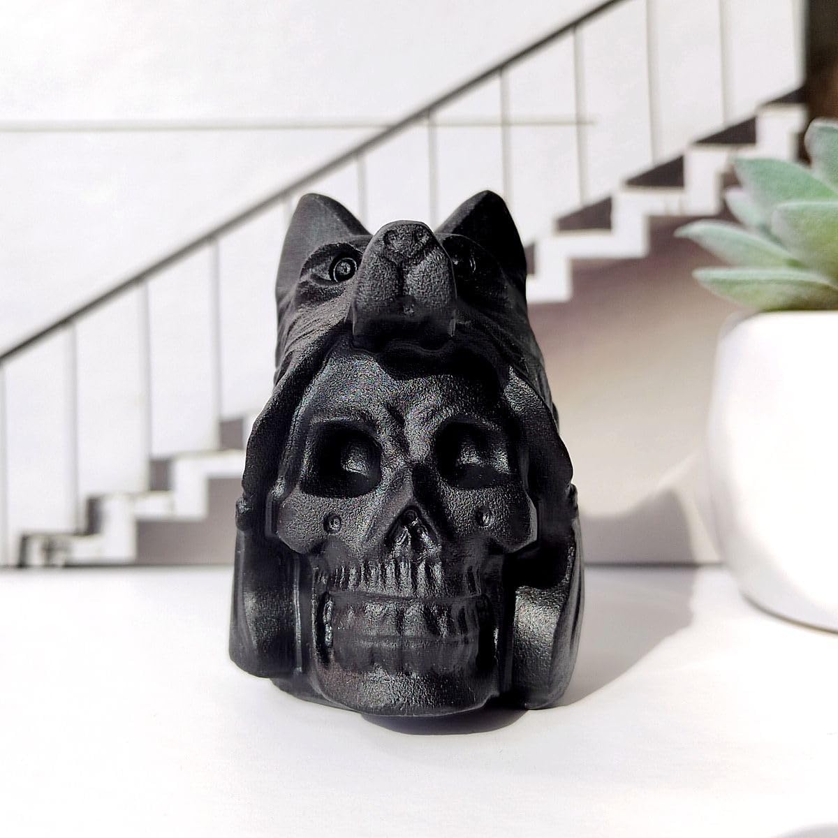 Obsidian Skull Wolf Crystal Figurine Decor Sculpture