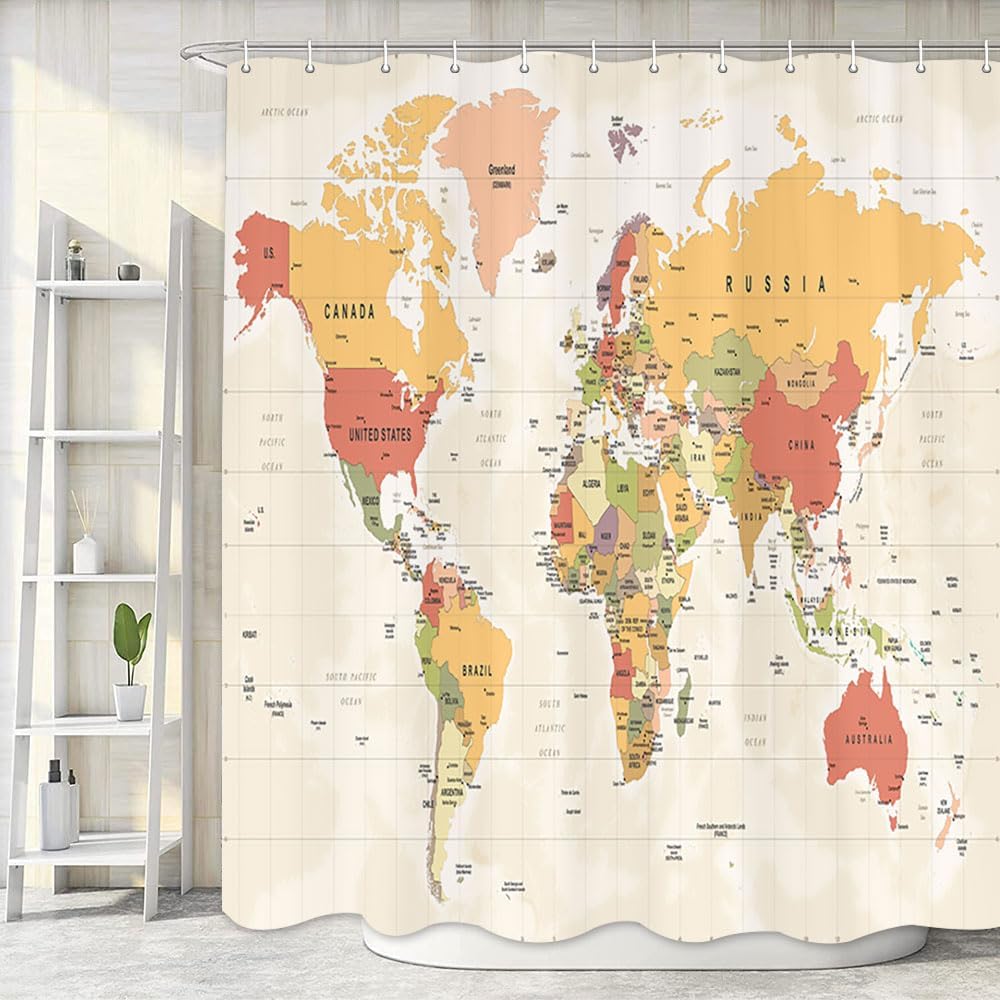 World Map Shower Curtain with Hooks 72x72IN 1