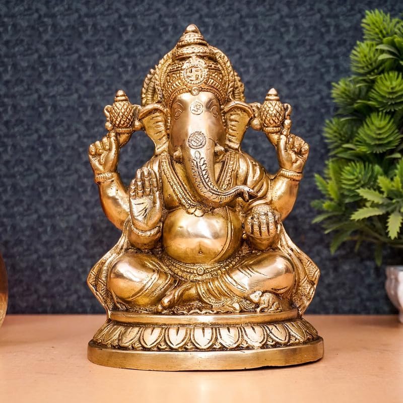 Statuestudio Brass Sitting Ganesha Idol Showpiece