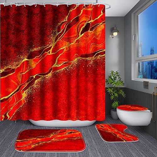 Poedist 4 Pcs Gold Edge Marble Shower Curtain Set with Hooks and Mats