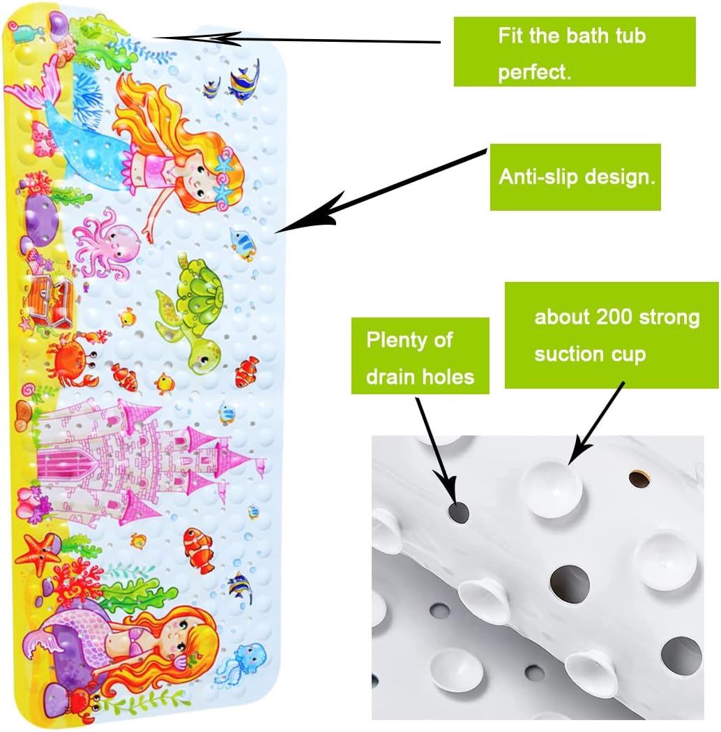 Non-Slip Bath Mat with Suction Cups Mermaid Design 40x16 Inch