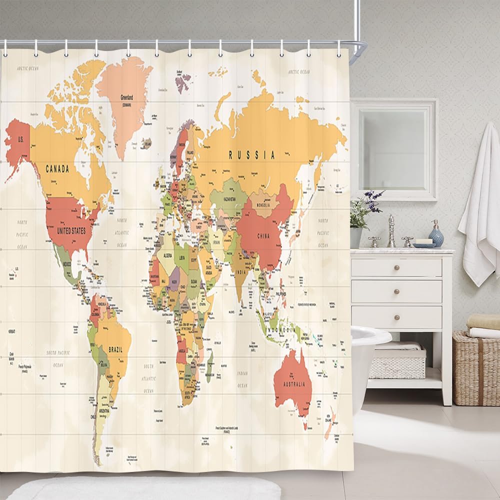 World Map Shower Curtain with Hooks 72x72IN 1