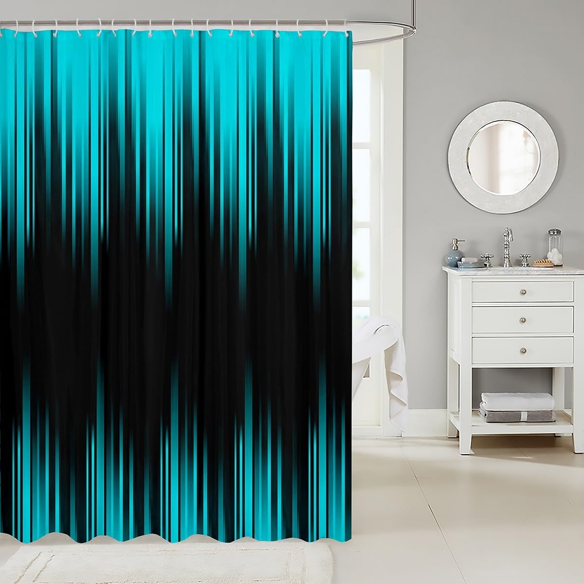 Erosebridal Teal Black Ombre Shower Curtain Set with 14 Hooks