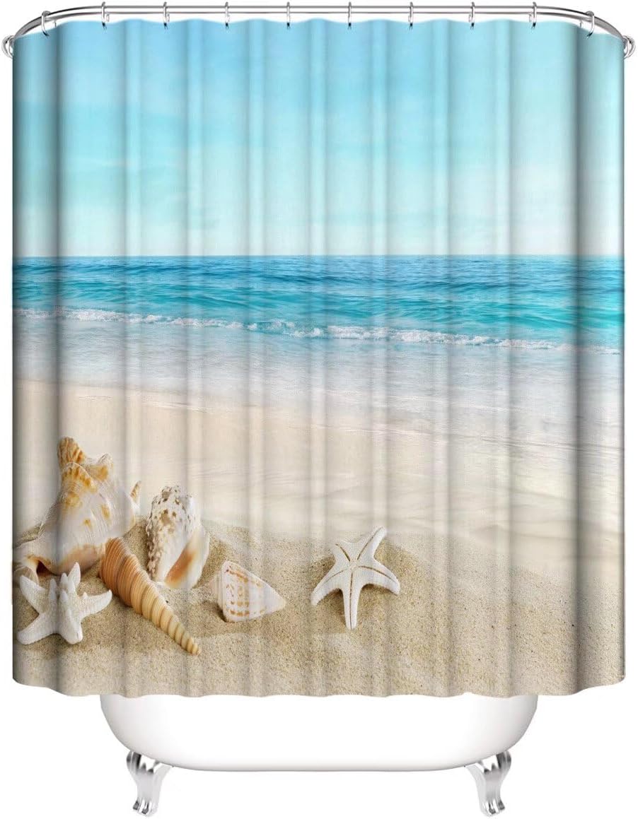Chrainy 4Pcs Summer Beach Bathroom Set with Non-Slip Rugs and 12 Hooks