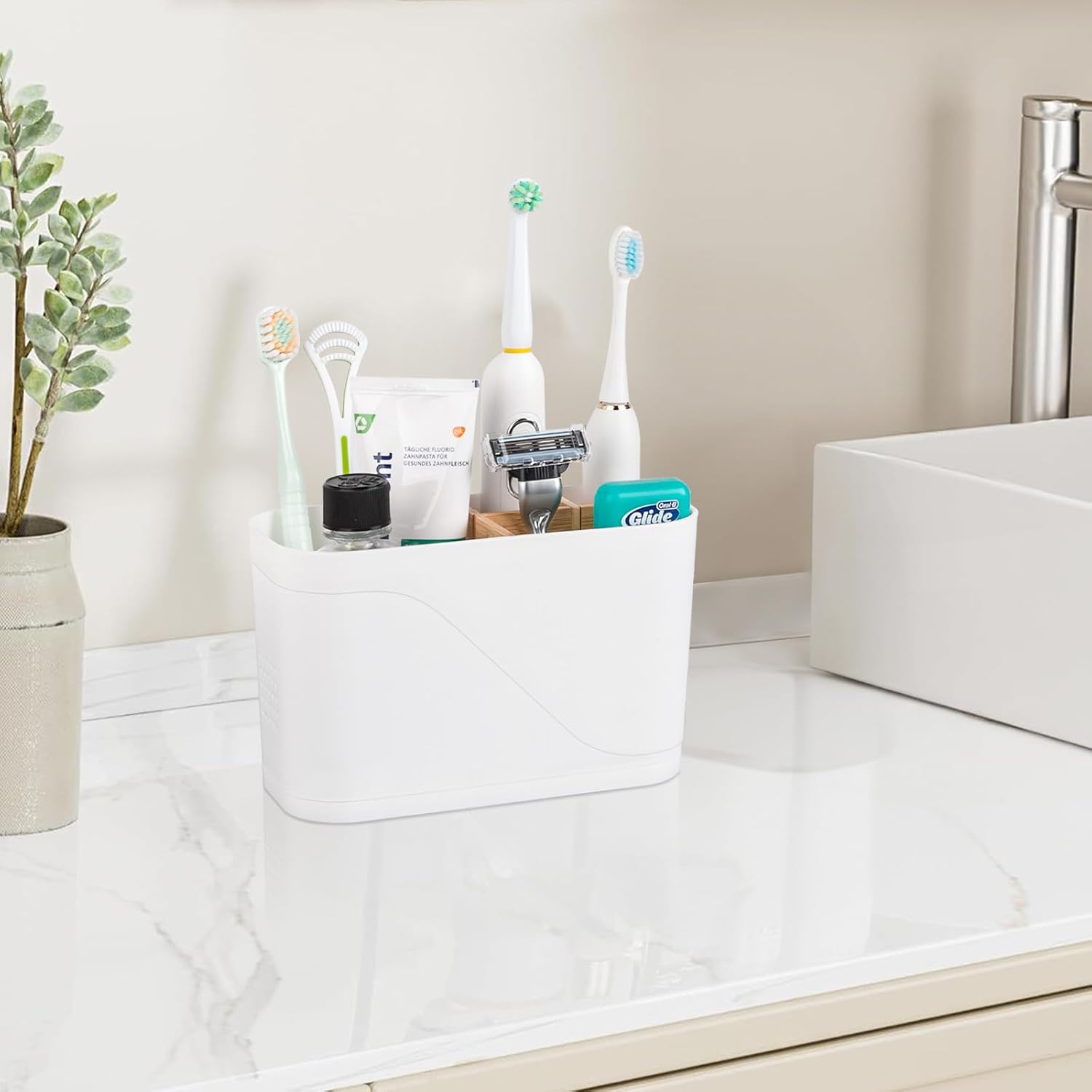 Heagoale Toothbrush Holder with Bamboo Dividers 4 Slots White
