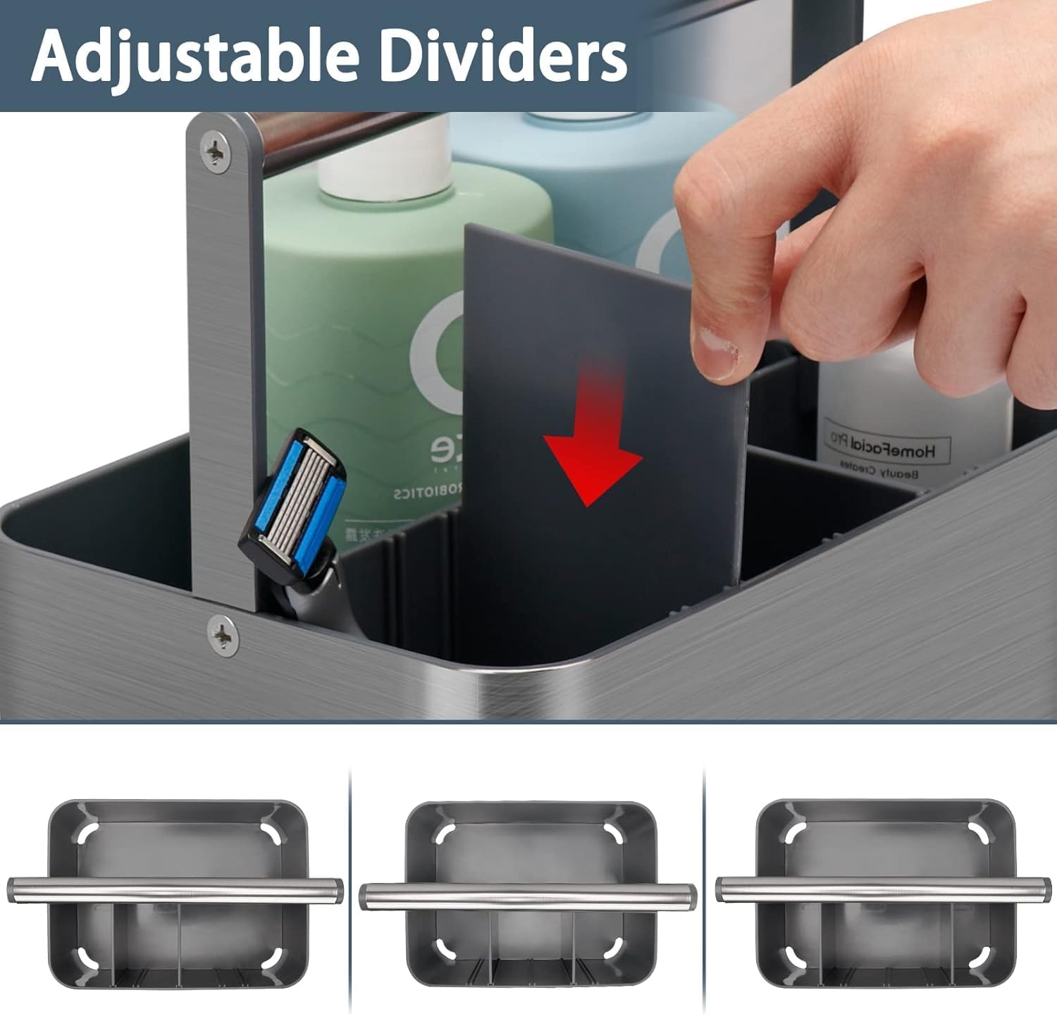 Portable Shower Caddy Basket with Adjustable Dividers and Handle - Gray