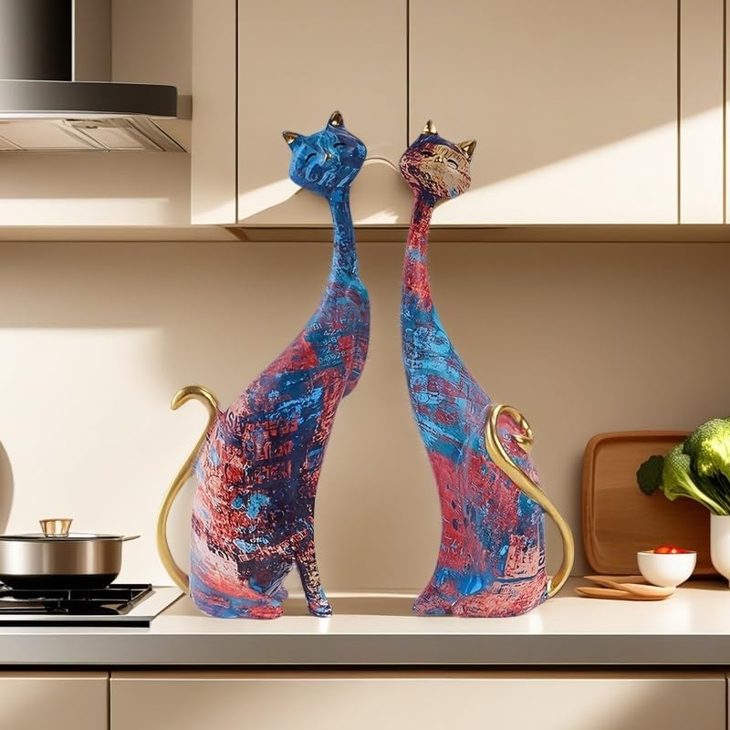 2 pcs Oil Painting Resin Cat Art Decor Sculptures