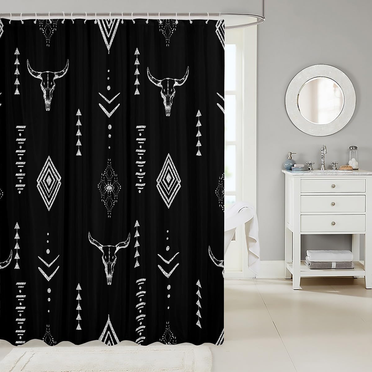 Erosebridal Bull Skull Shower Curtain 72x72 Black Silver