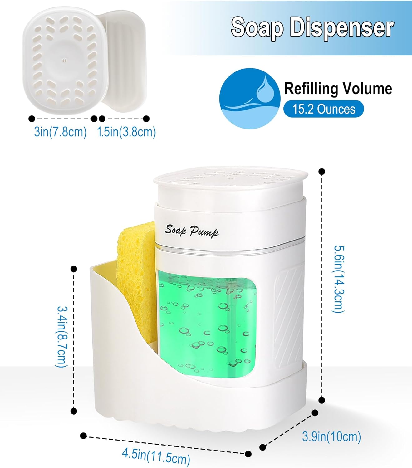 Eavida 3-in-1 Dish Soap Dispenser with Sponge Holder - White