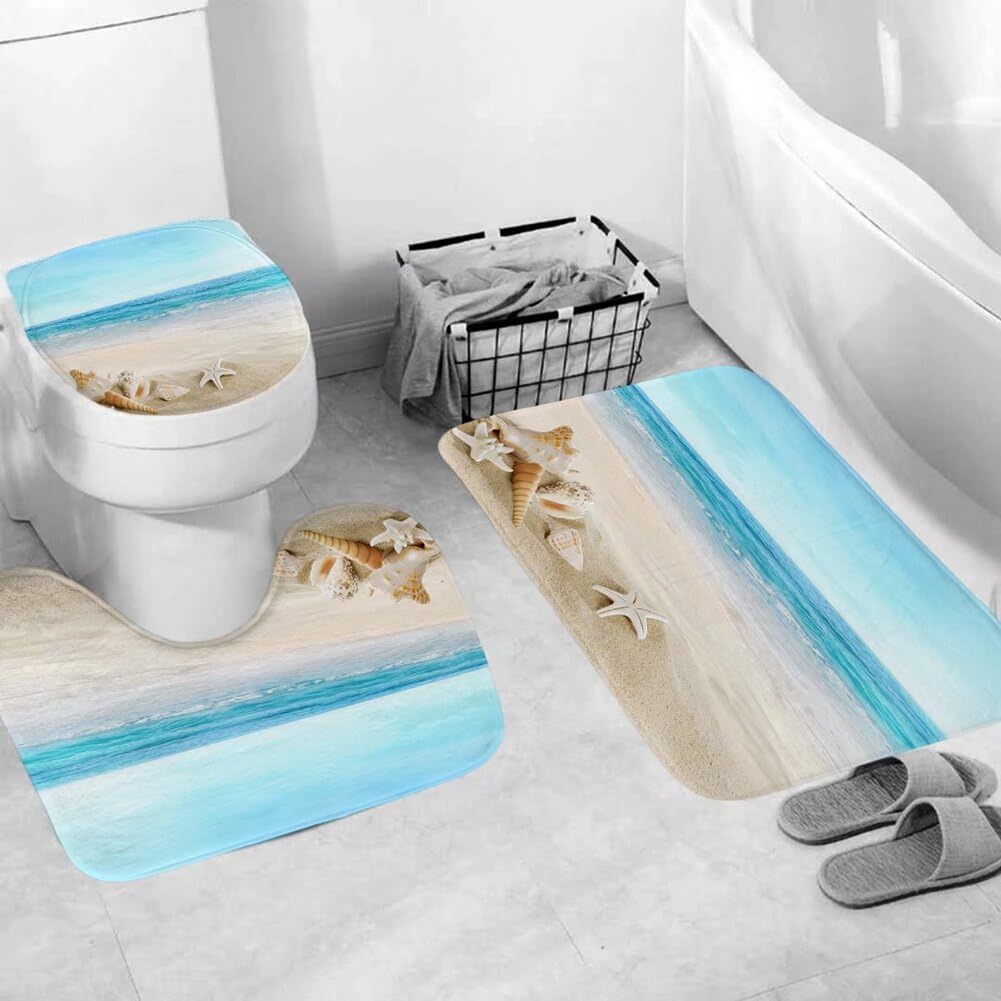 Chrainy 4Pcs Summer Beach Bathroom Set with Non-Slip Rugs and 12 Hooks