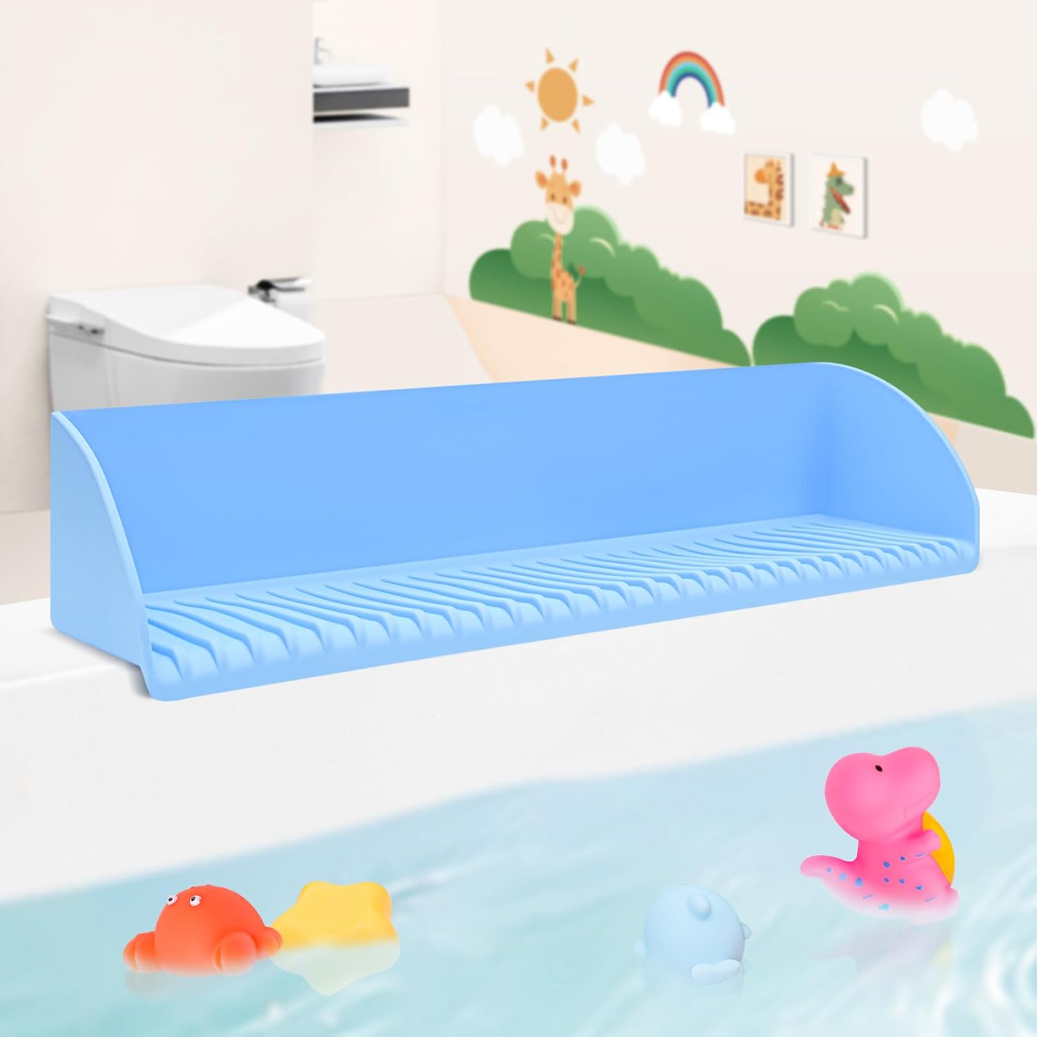 Bath Tub Splash Guard with Suction Cups and Play Shelf Blue