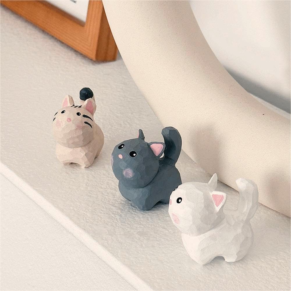 ShaoAngDuoMi Cute Mini Carved Wooden Cat Figurines 4PCS