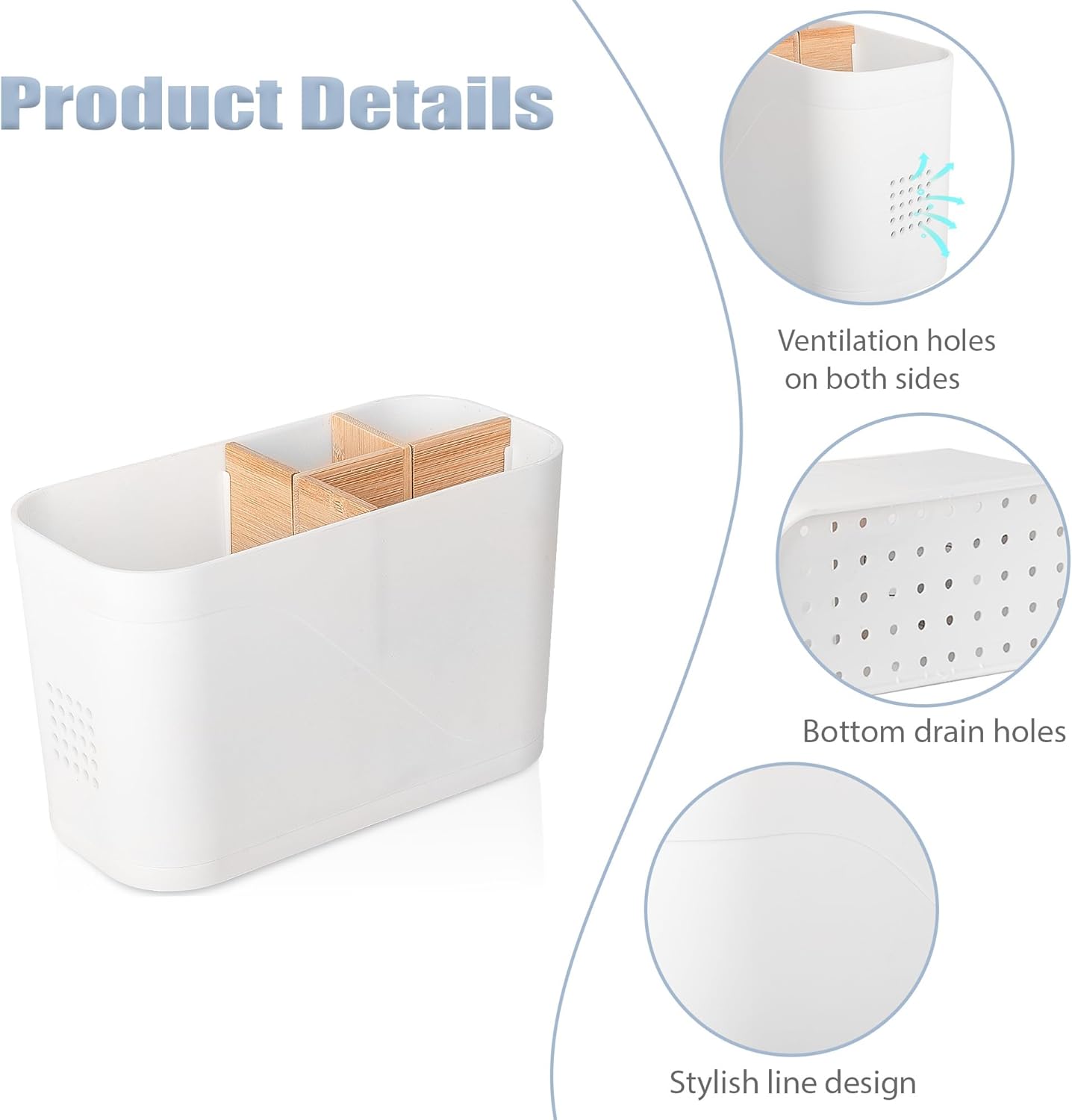 Heagoale Toothbrush Holder with Bamboo Dividers 4 Slots White