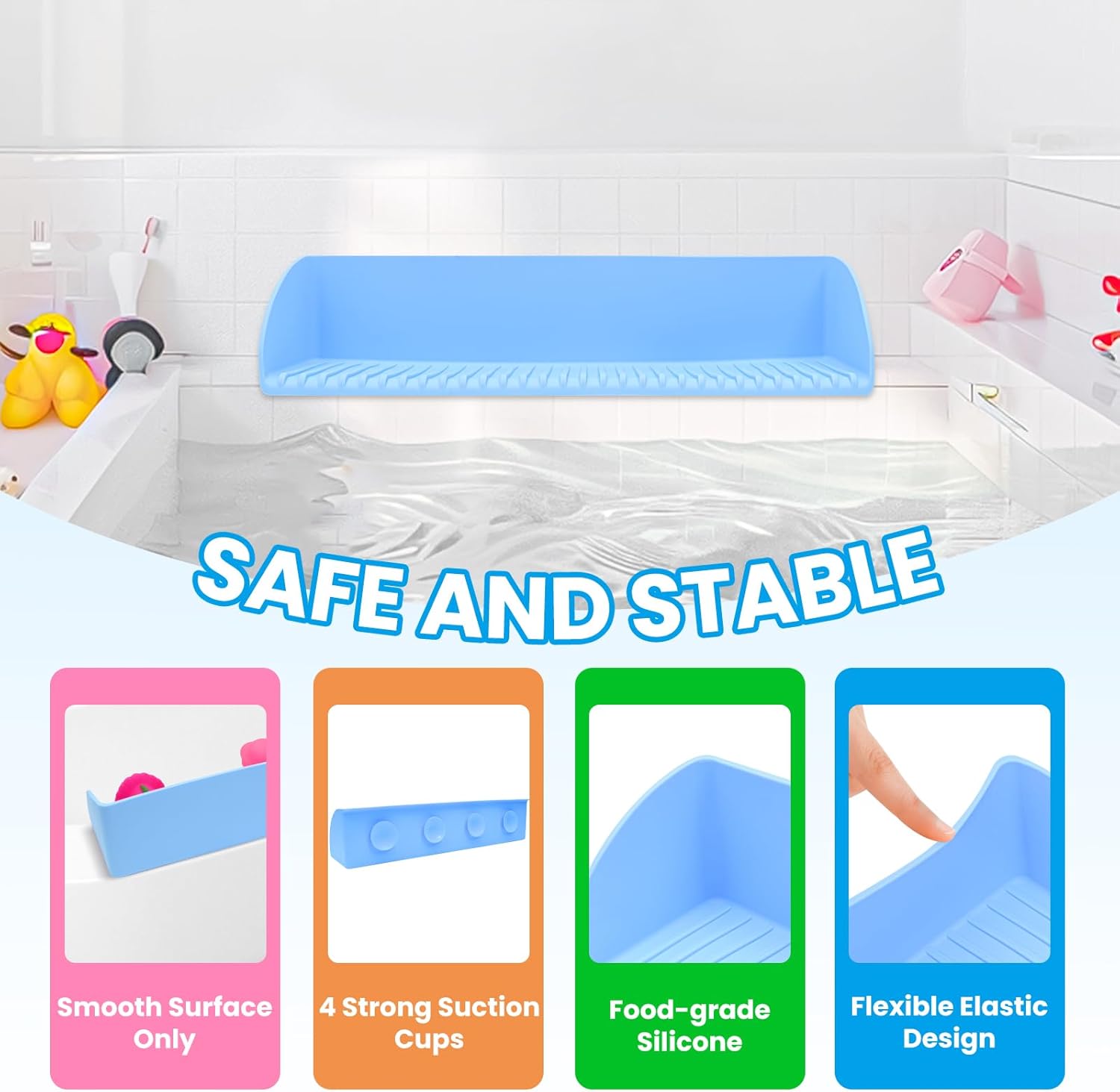 Bath Tub Splash Guard with Suction Cups and Play Shelf Blue