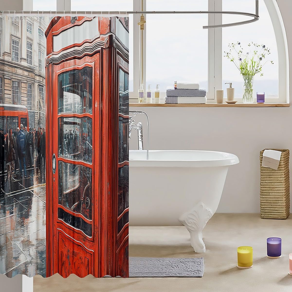 Feelyou London Themed Shower Curtain 72x72 Retro Phone Booth Bath Curtain Set