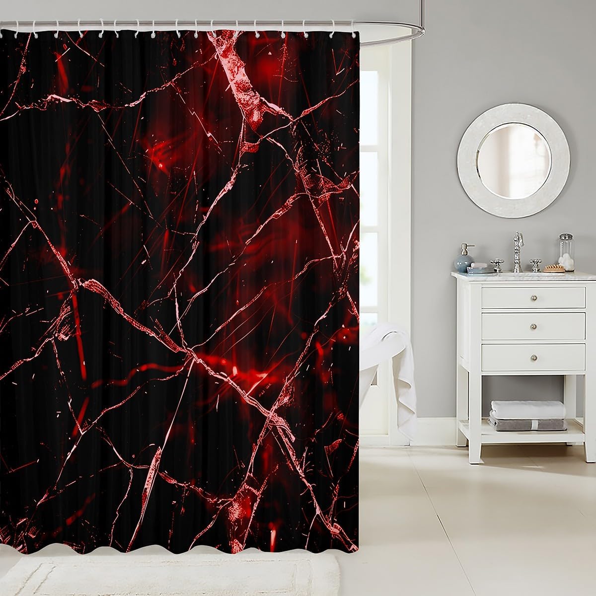 Feelyou Red Black Geometric Shower Curtain Set
