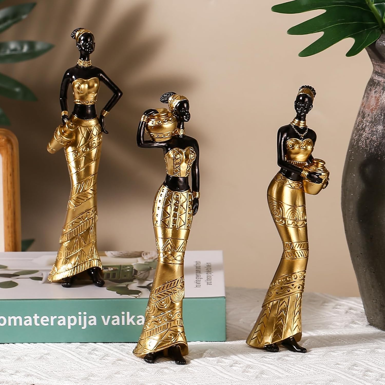 CYYKDA 3 Pack African Art Sculptures Gold Statues