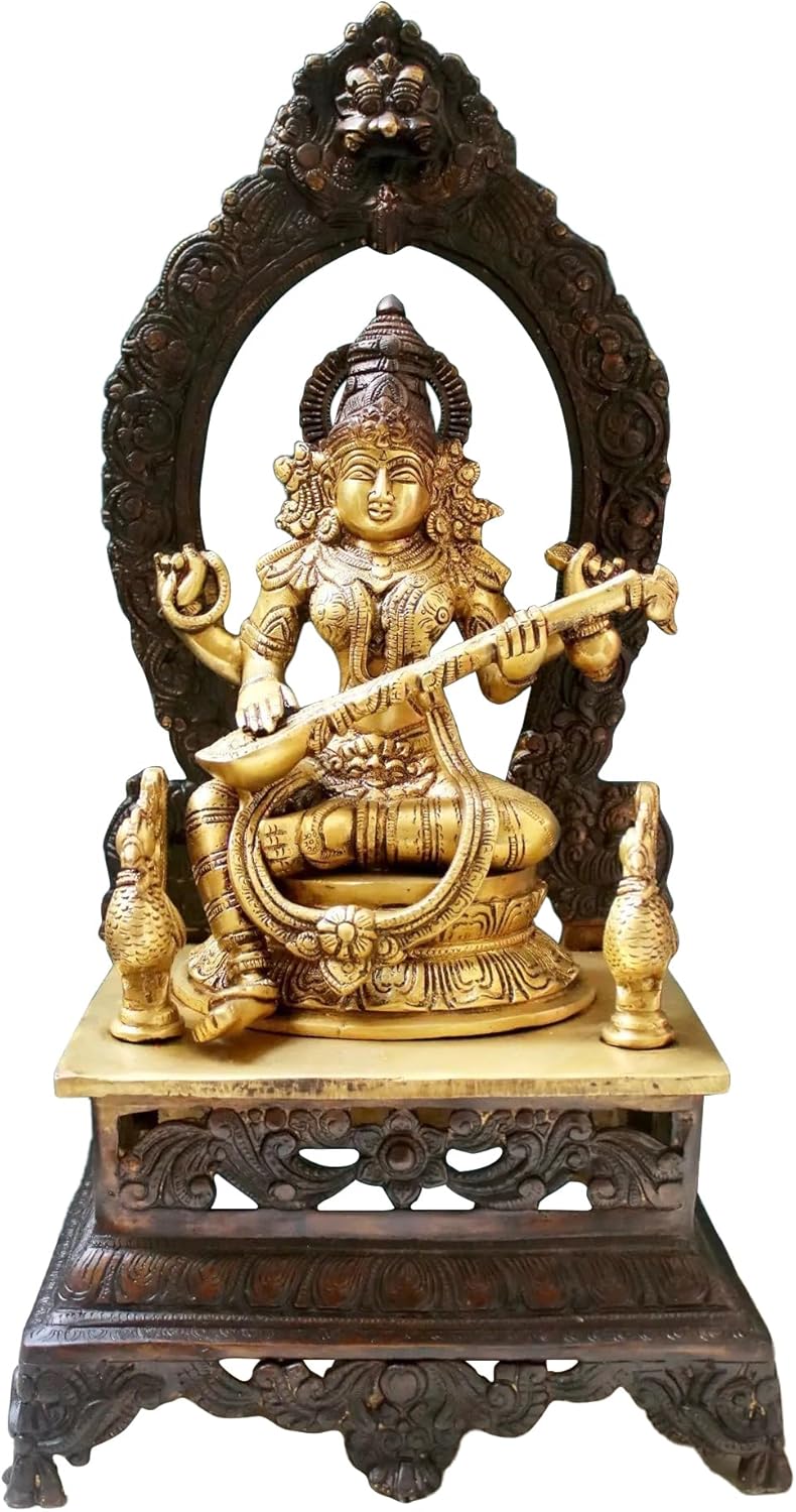 Brass Goddess Saraswati Statue with Veena