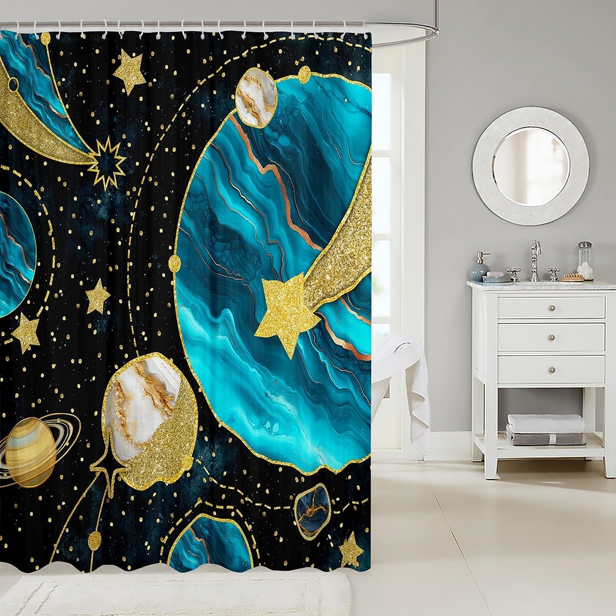 Erosebridal Chic Blue Marble Shower Curtain Set
