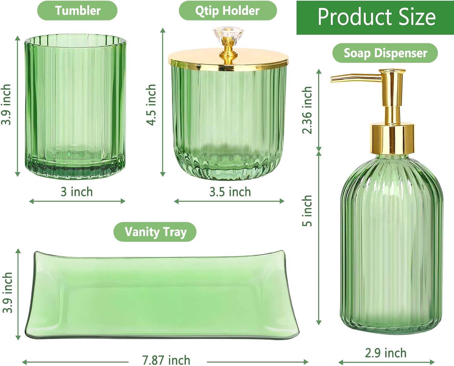 Haturi 4 Pc Green Glass Bathroom Accessories Set