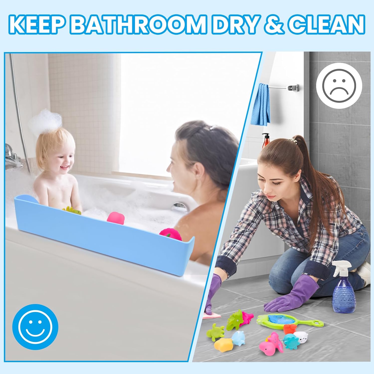 Bath Tub Splash Guard with Suction Cups and Play Shelf Blue
