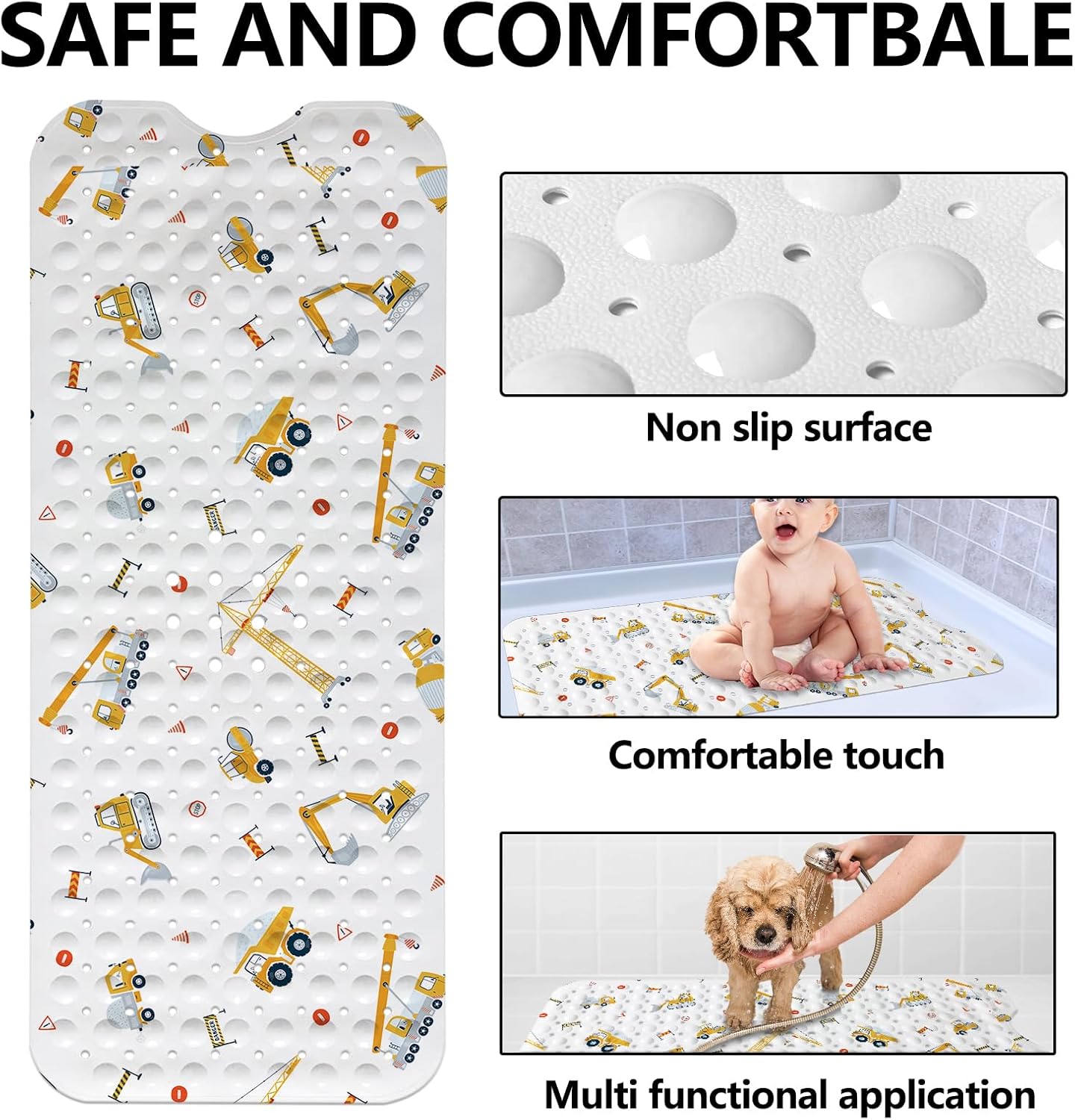 Lnond Yellow Excavator Kids Bath Mat 40x16 Inch Non Slip