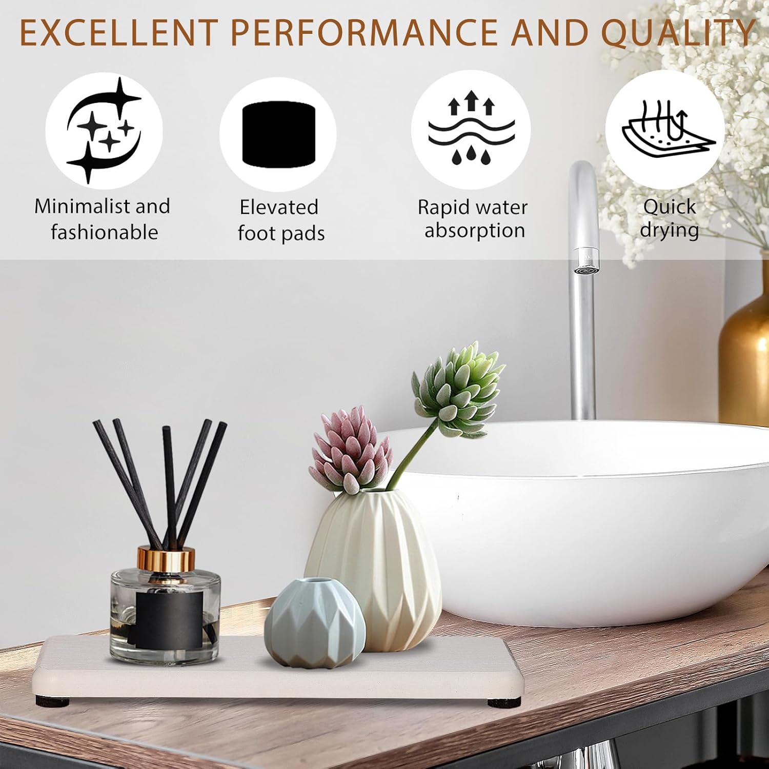 4PCS Water Absorbing Stone Tray for Bathroom and Kitchen