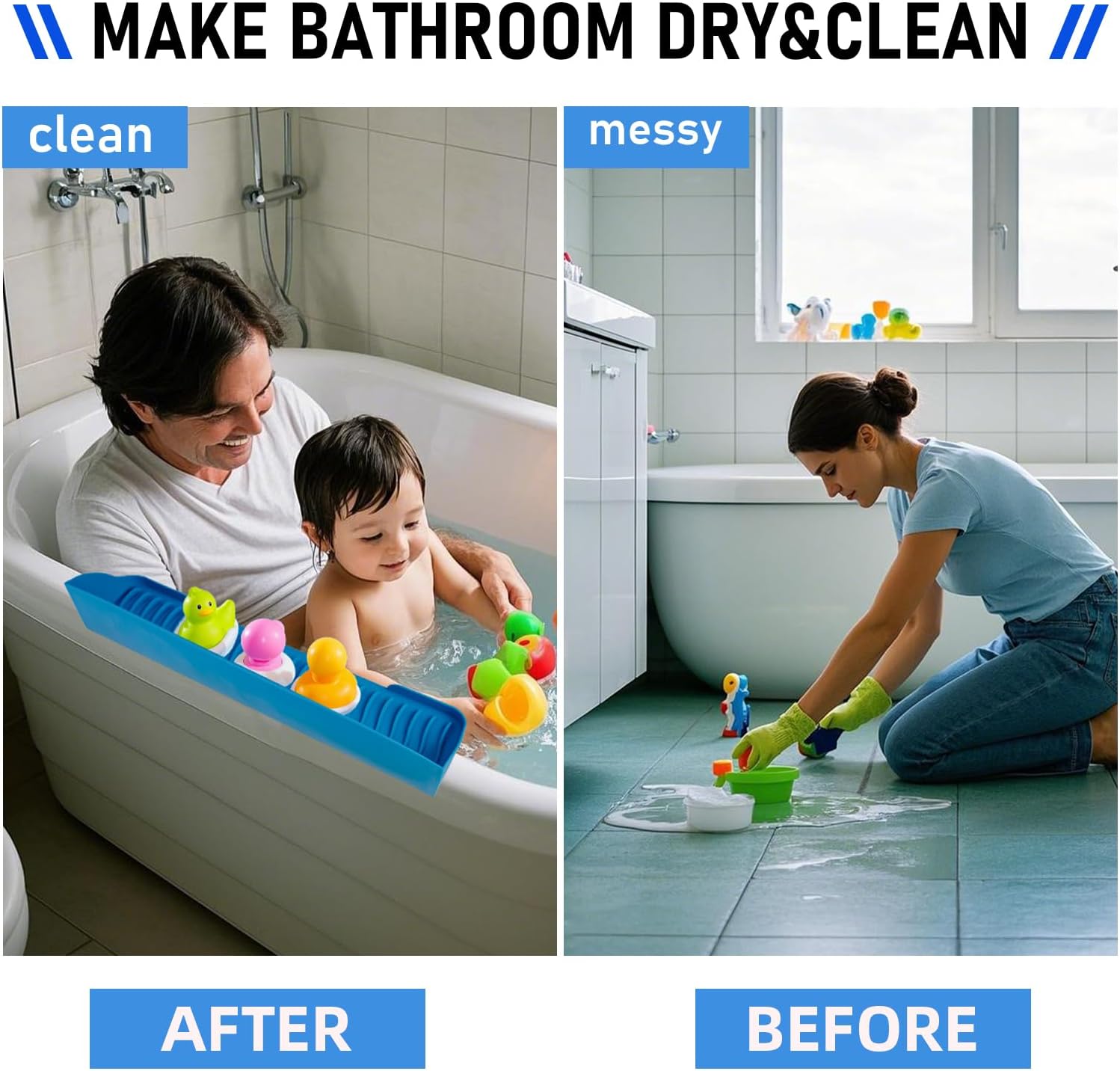 Bath Splash Guard with 6 Suction Cups - Kids Play Shelf Organizer Blue