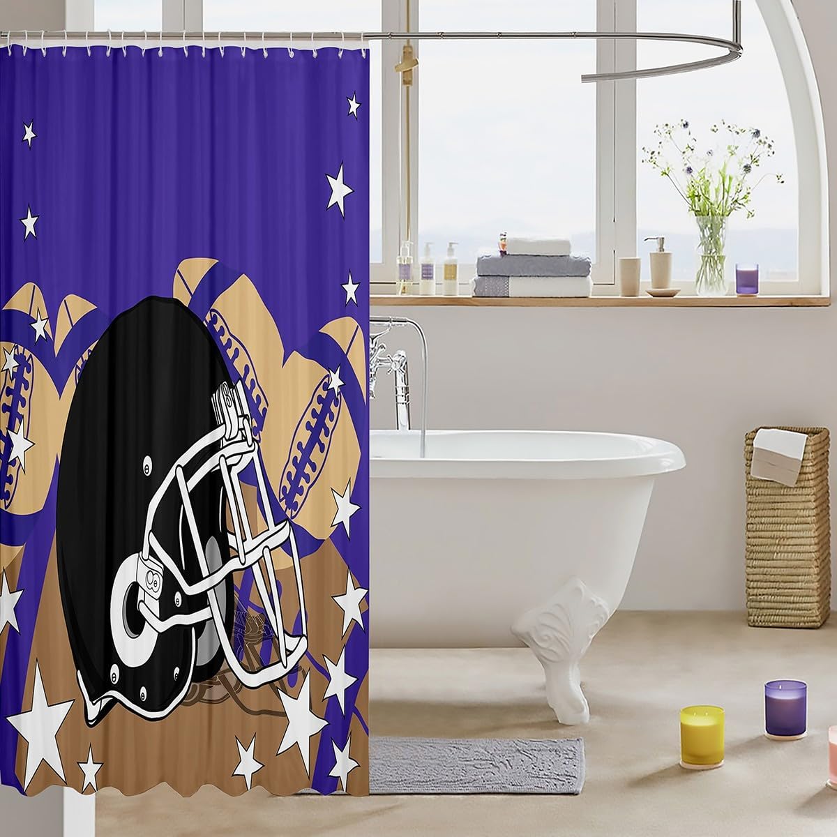 Erosebridal Purple Rugby Helmet Shower Curtain Set 72x72