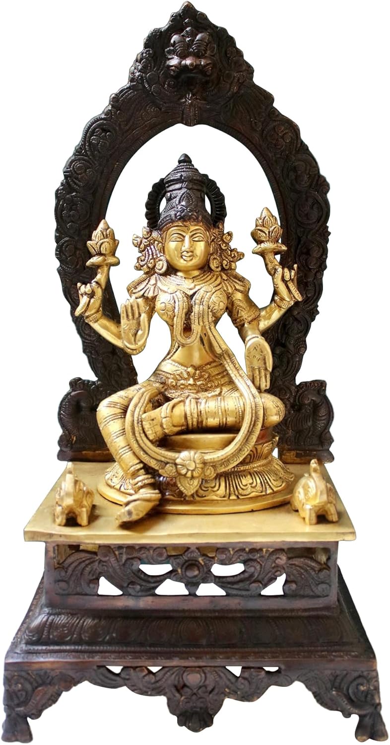 Brass Lakshmi Goddess Statue with Pedestal - Prosperity Idol for Pooja Room