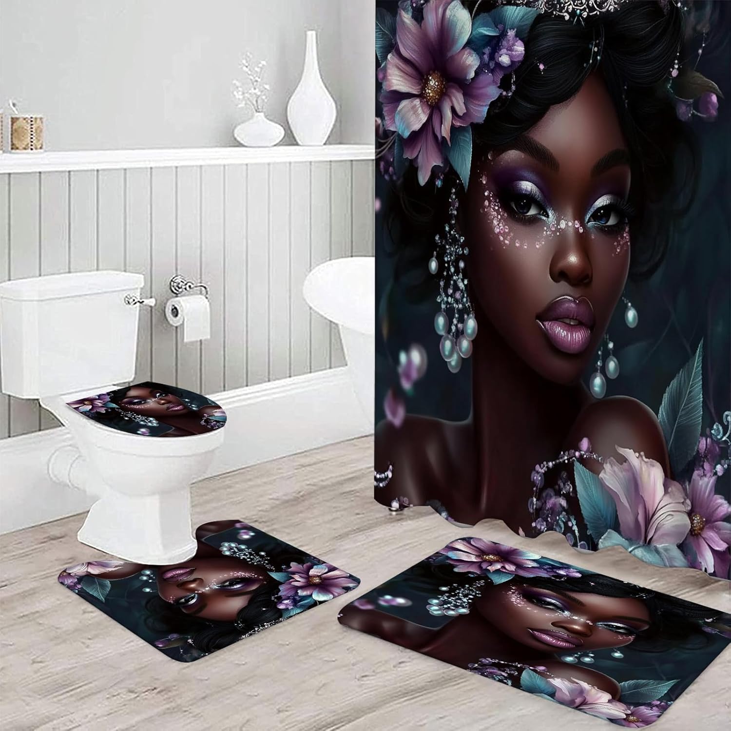 NEWSUYAA Black Girl Shower Curtain Set with Bath Rugs and Hooks