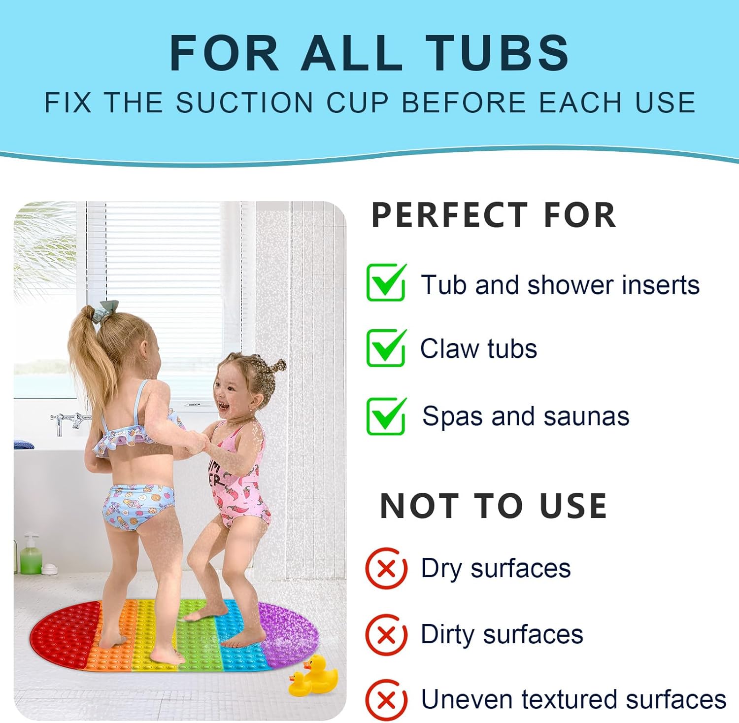 XIYUNTE Kids Bath Mat with Suction Cups and Pressable Bubbles