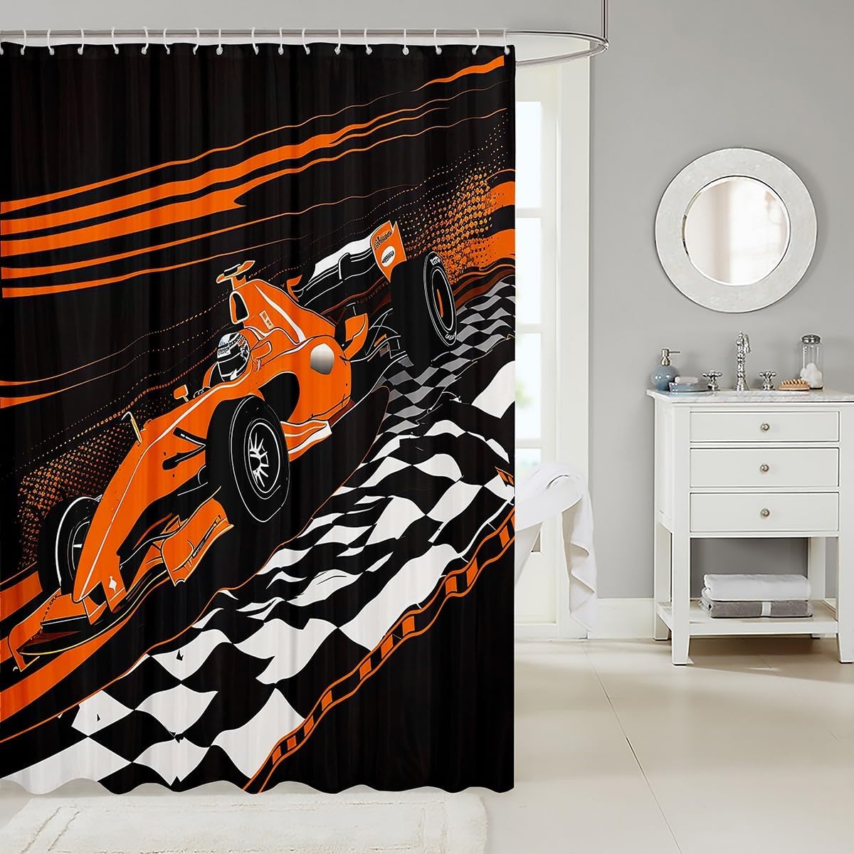 Feelyou Orange Racing Car Shower Curtain Set 72x78