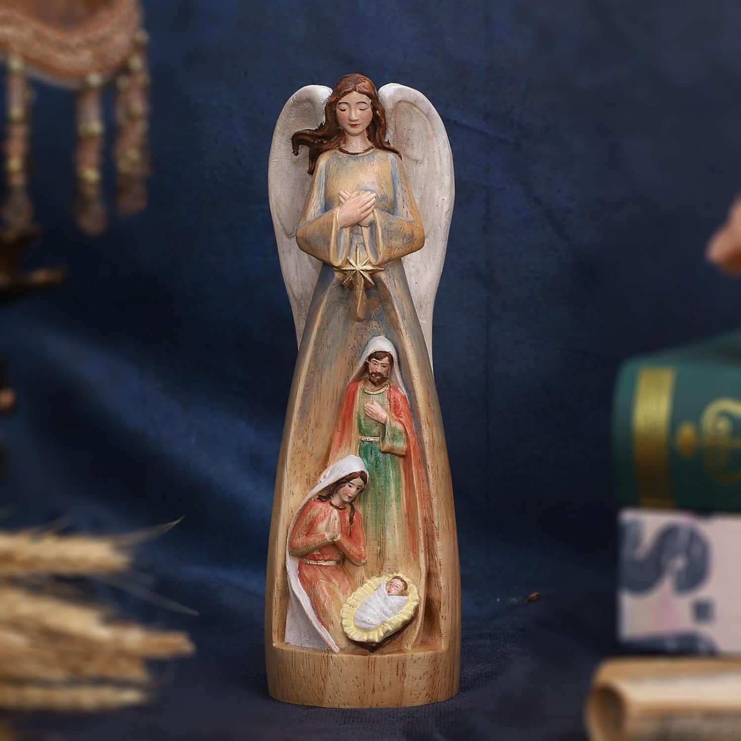 Hand-Carved Solid Wood Nativity Angel Statue