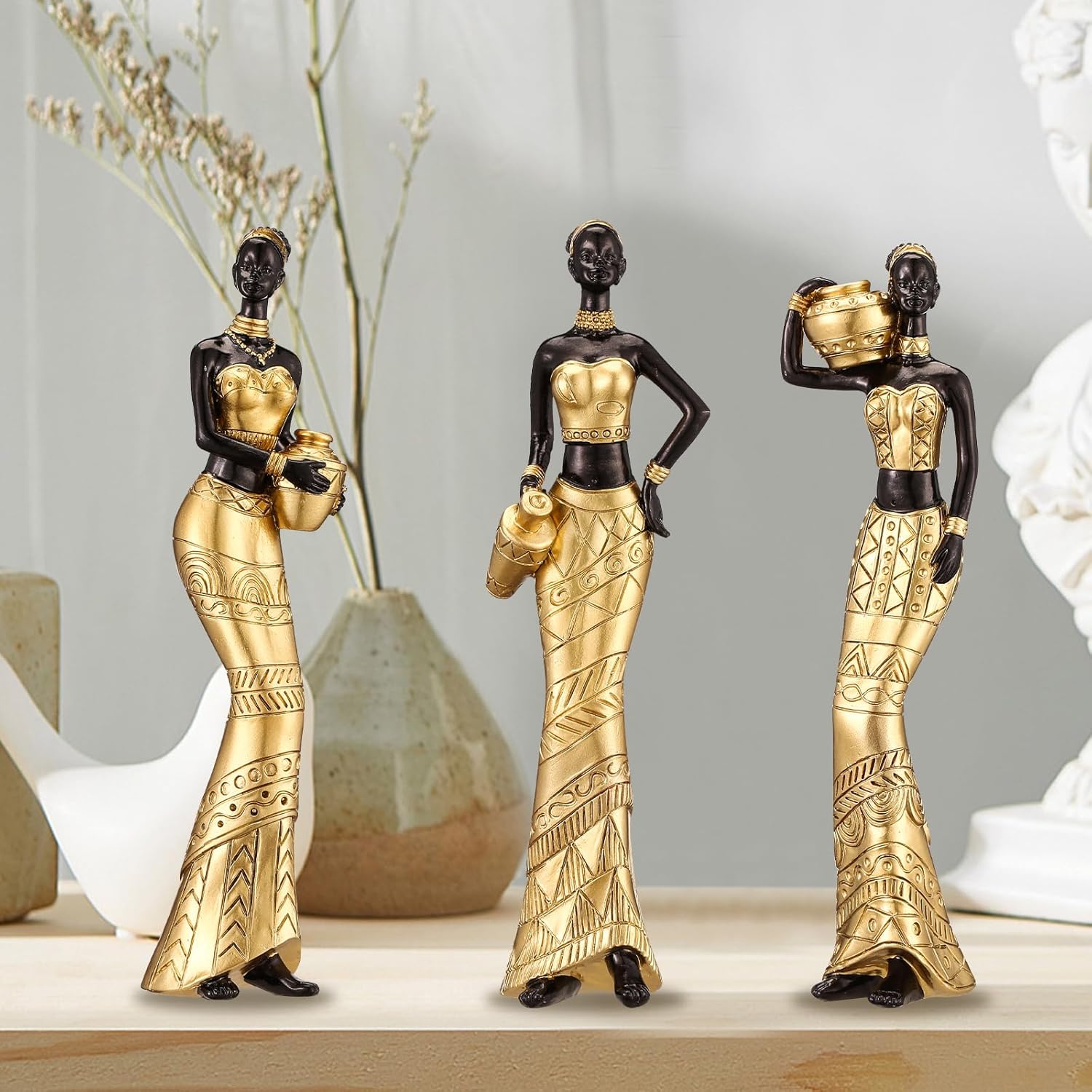 CYYKDA 3 Pack African Art Sculptures Gold Statues
