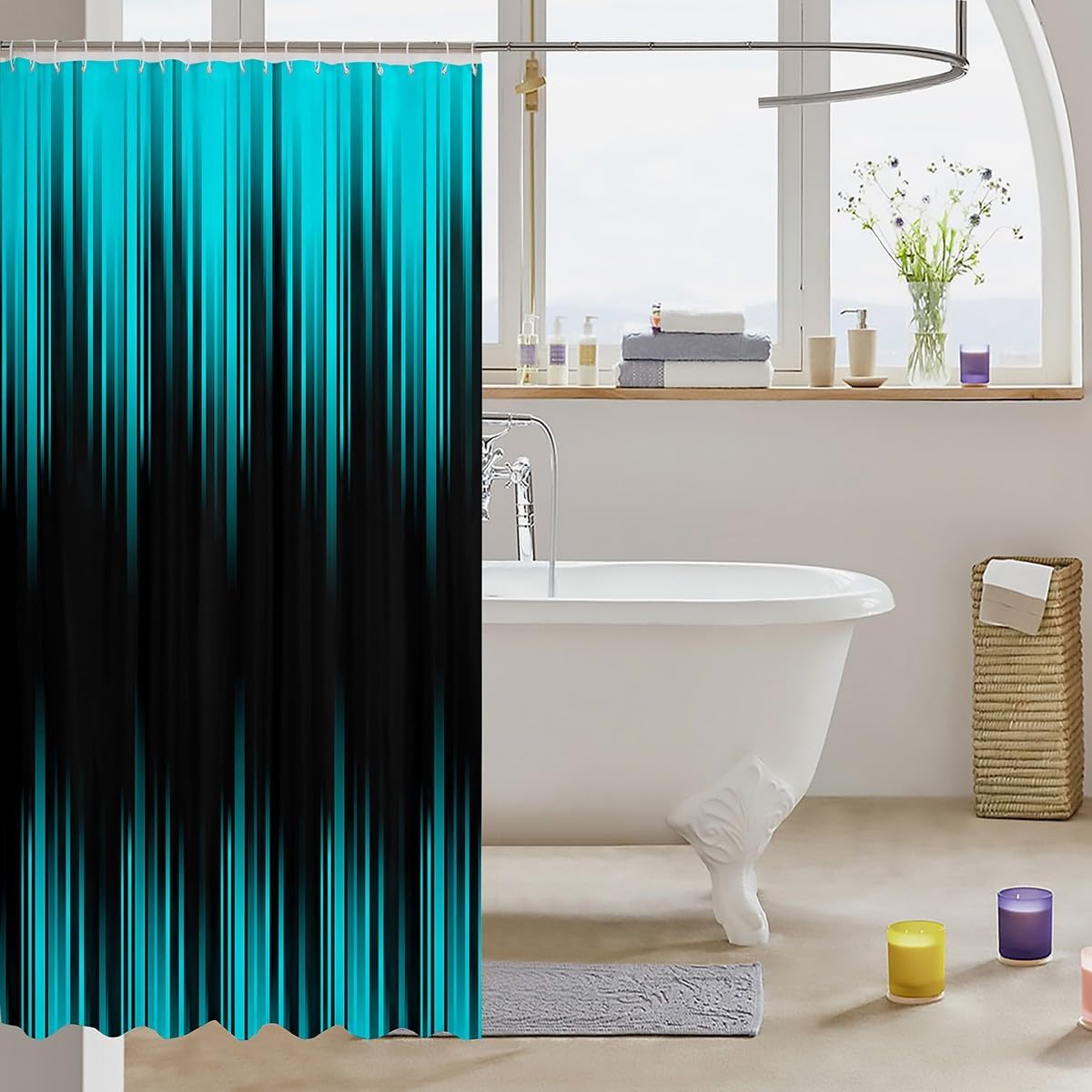 Erosebridal Teal Black Ombre Shower Curtain Set with 14 Hooks