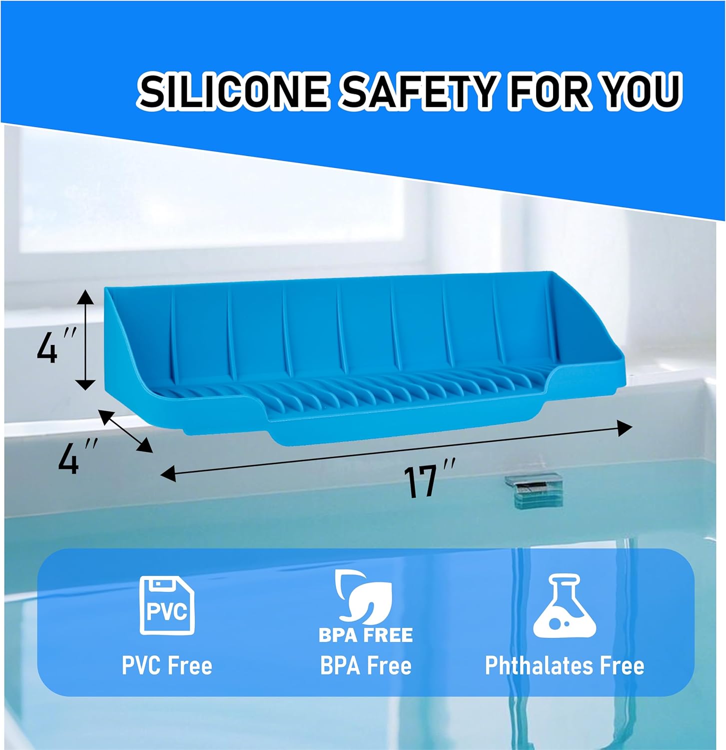 Bath Splash Guard with 6 Suction Cups - Kids Play Shelf Organizer Blue