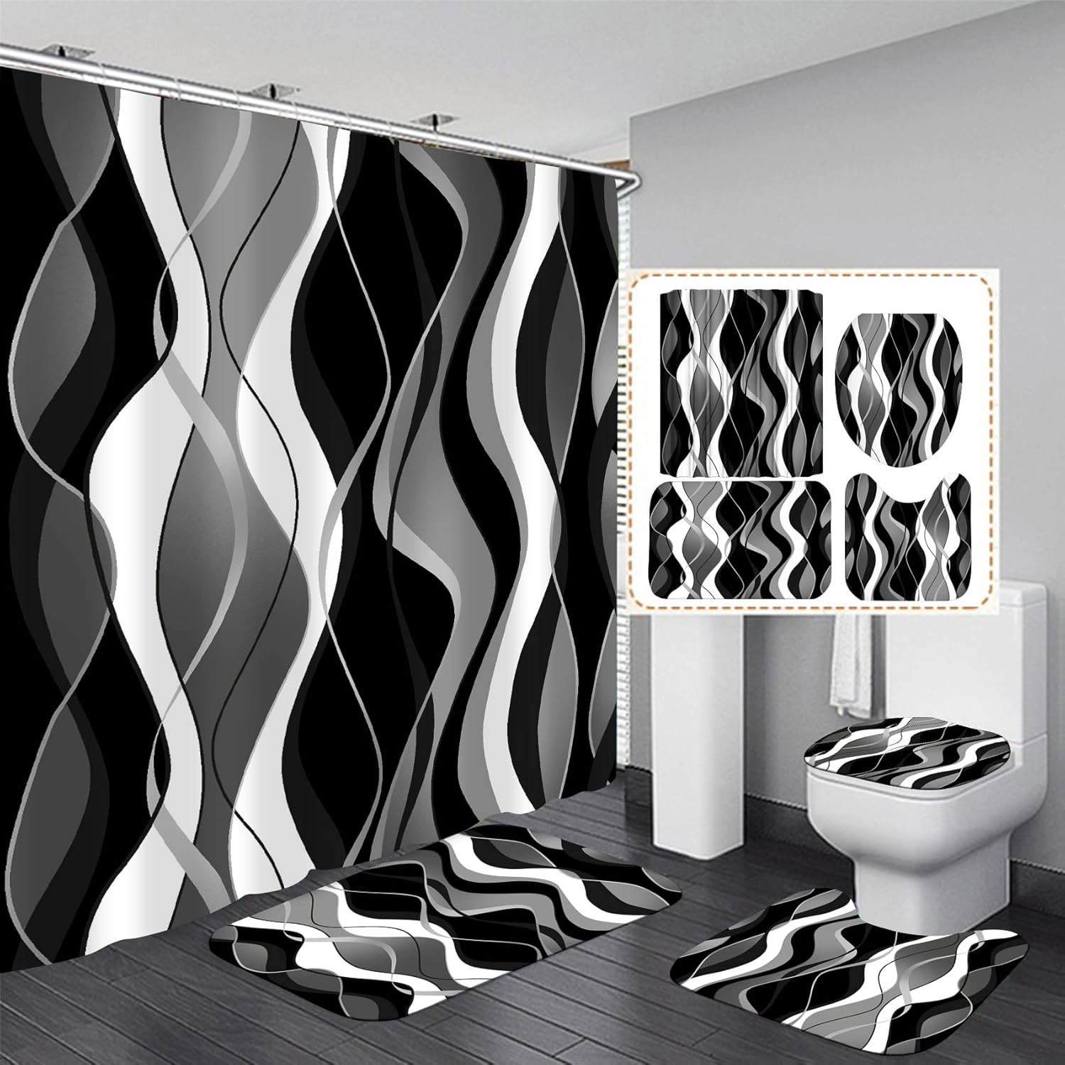 Nkzply 4 Pcs Black White Striped Bathroom Set