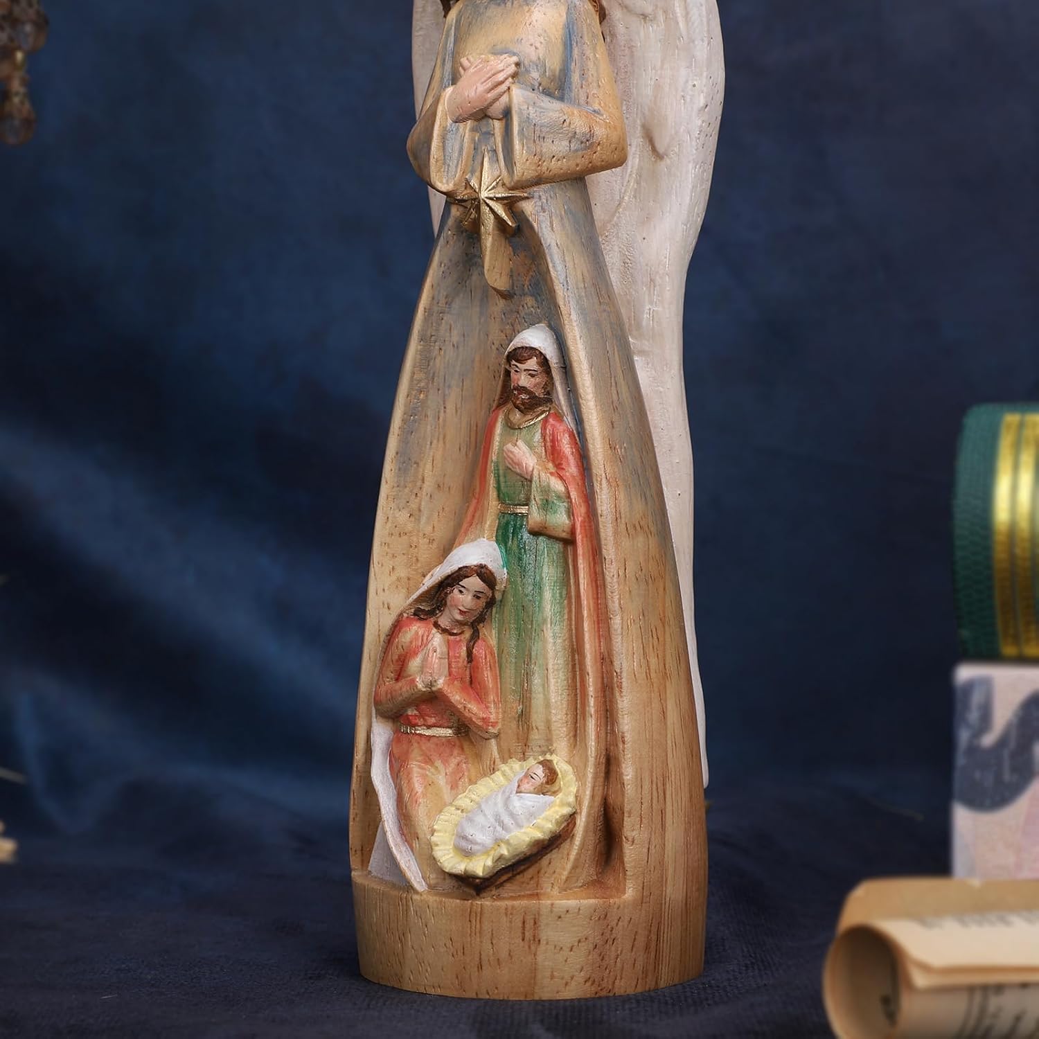 Hand-Carved Solid Wood Nativity Angel Statue