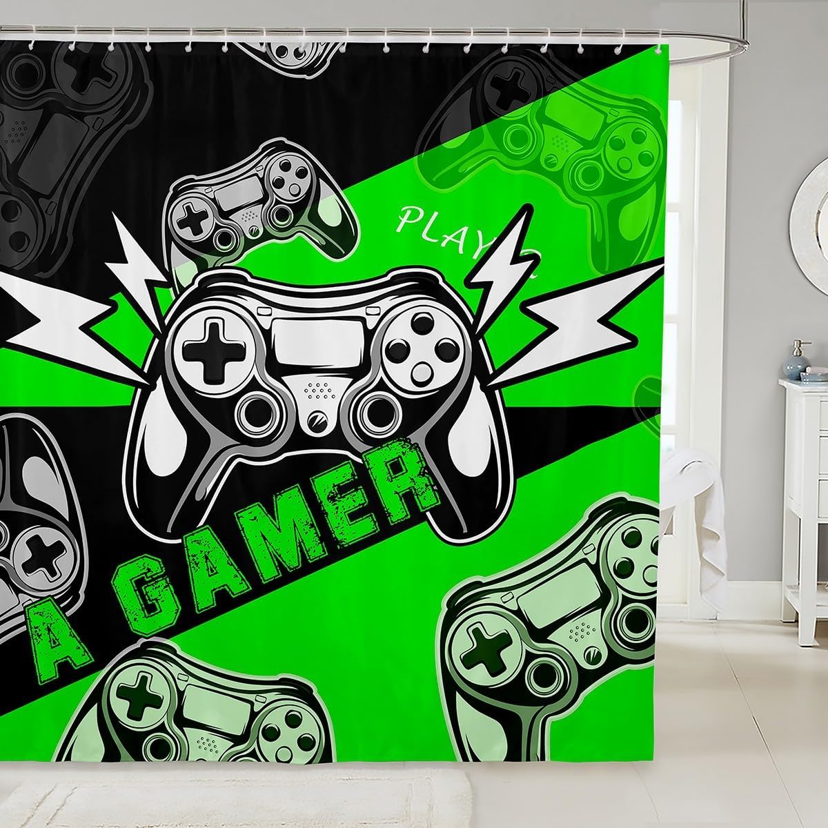 Erosebridal Gamer Shower Curtain Set 72x72 Black Green