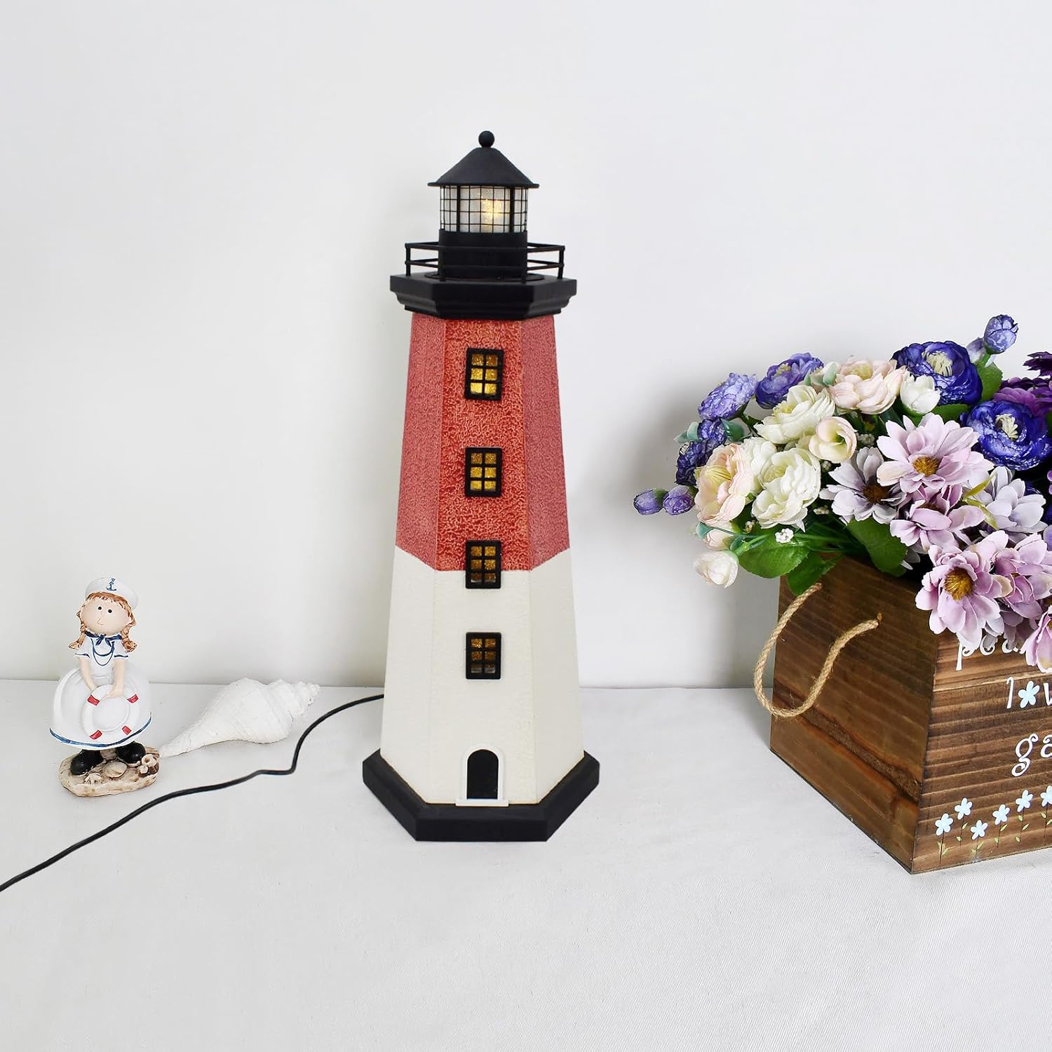 K KILIPES USB Powered Wooden Lighthouse Decor