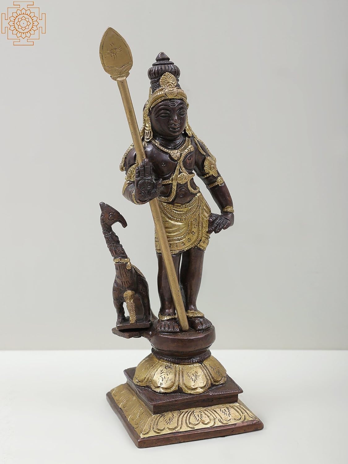 10 Inch Lord Karttikeya Brass Statue with Peacock 1