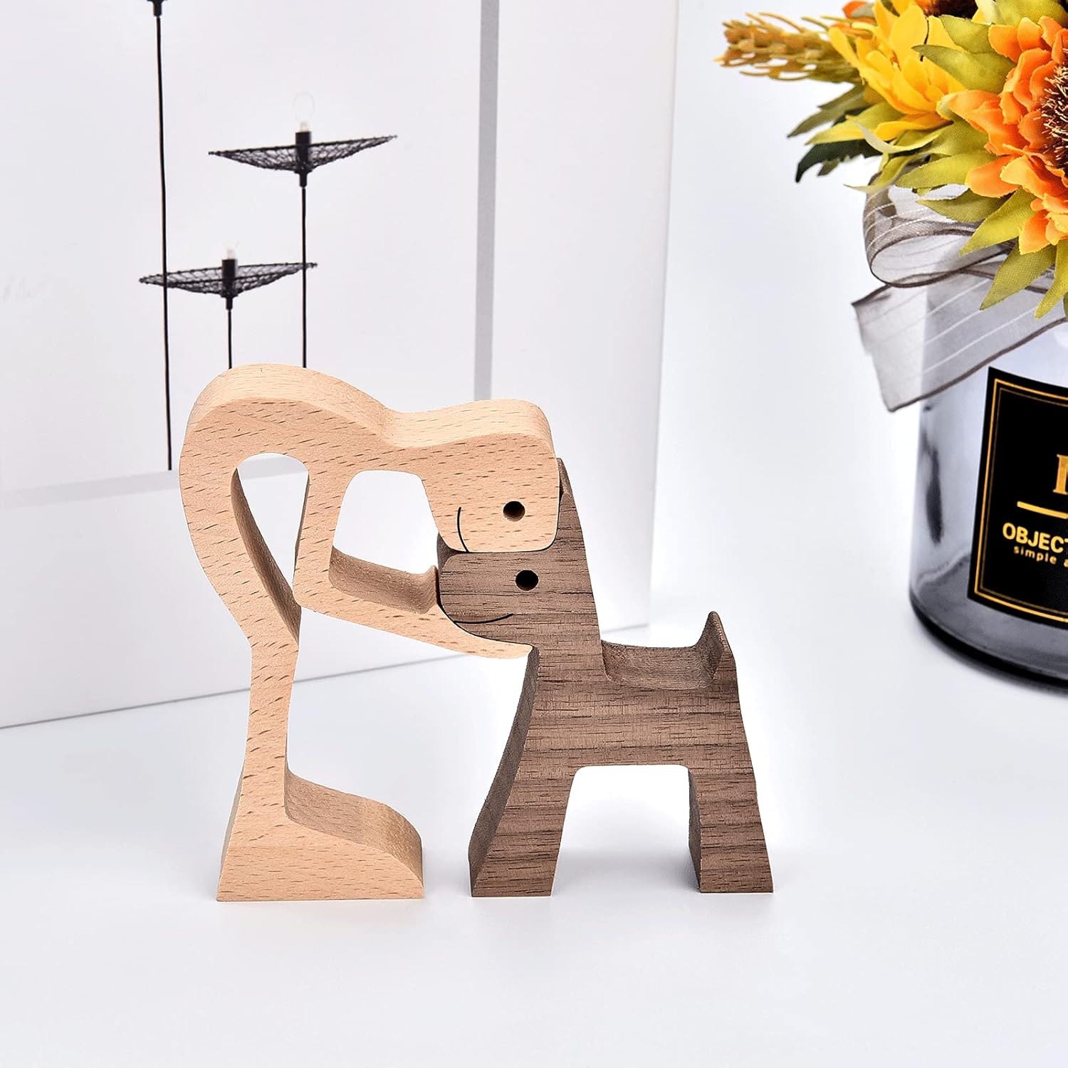 KINGNOW Accent Decor Men and Dog Wooden Statue