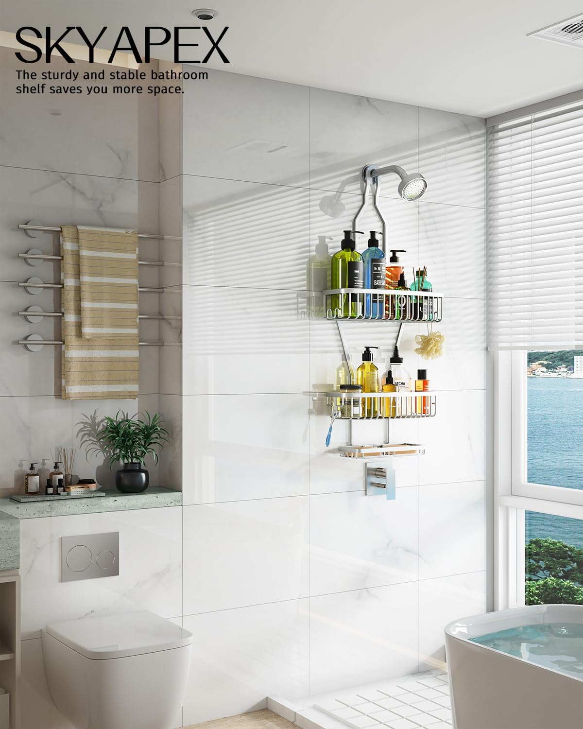 Skyapex Shower Caddy Hanging Organizer with Extra Large Shelf and 3 Tier Design