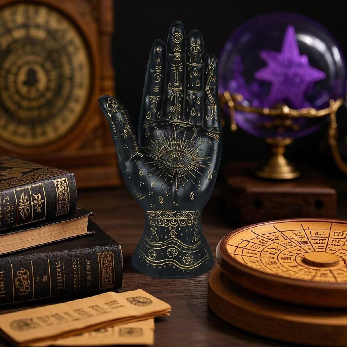Skyant Palmistry Hand Resin Statue with Symbols Black