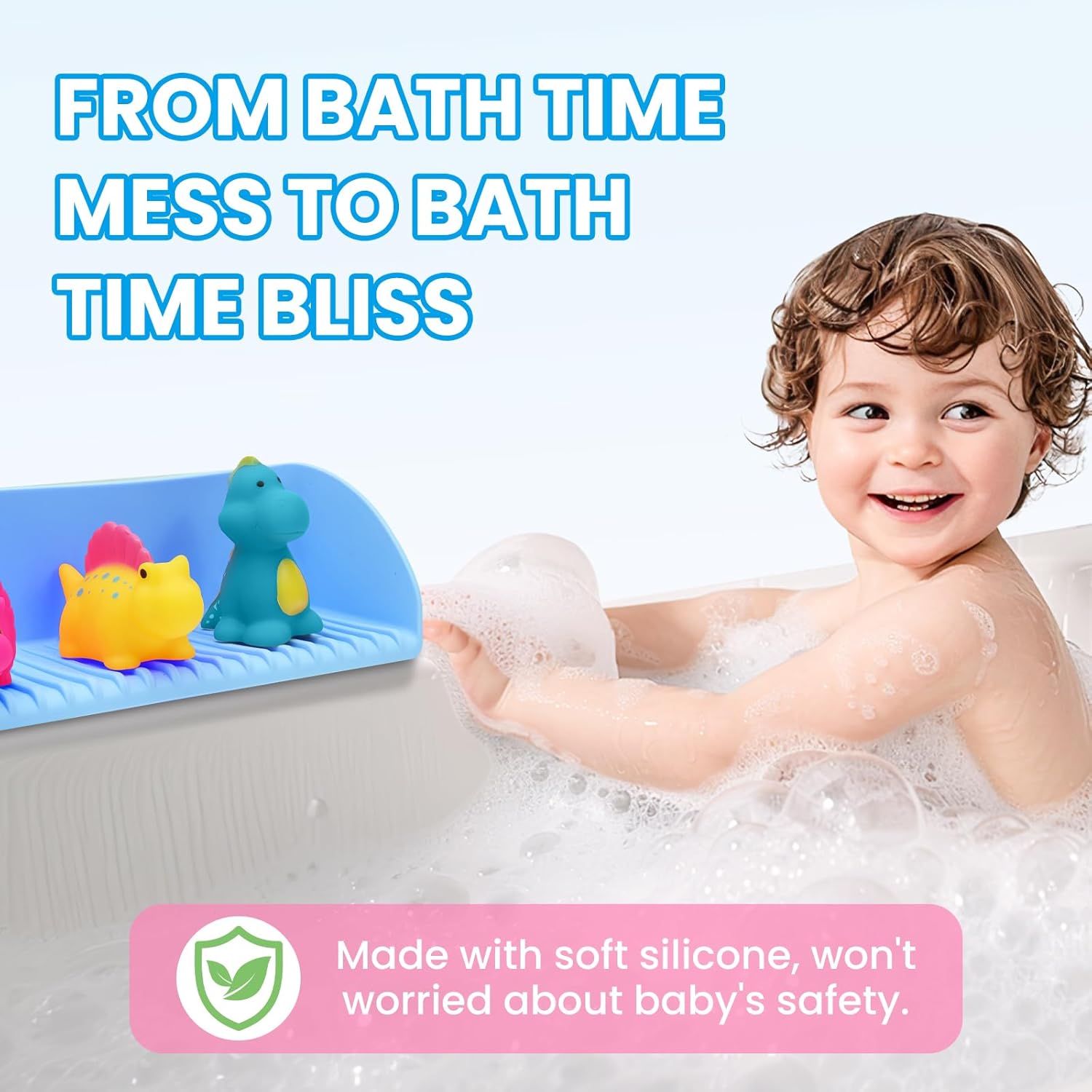 Bath Tub Splash Guard with Suction Cups and Play Shelf Blue