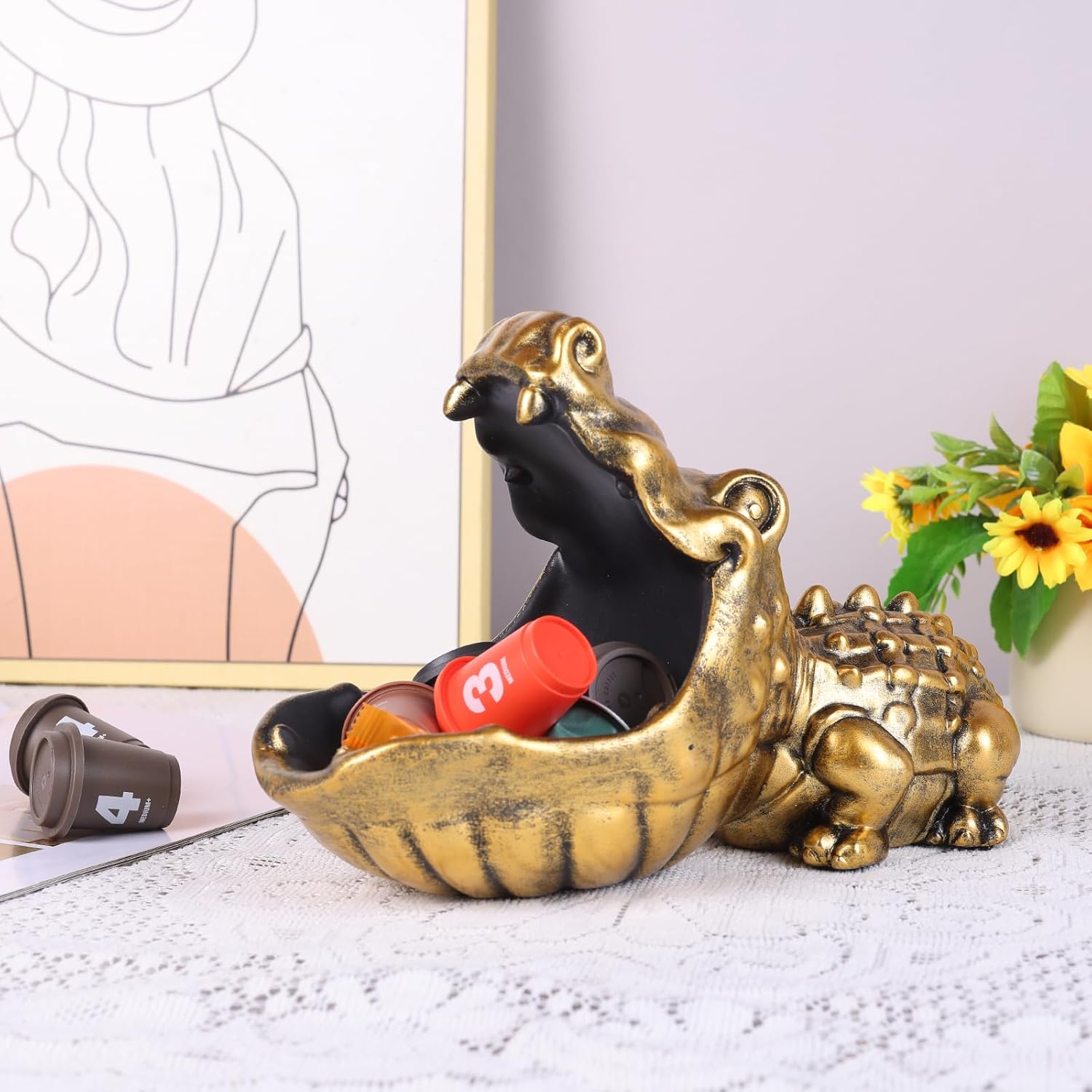 Gold Alligator Statue Candy Dish Storage Bowl