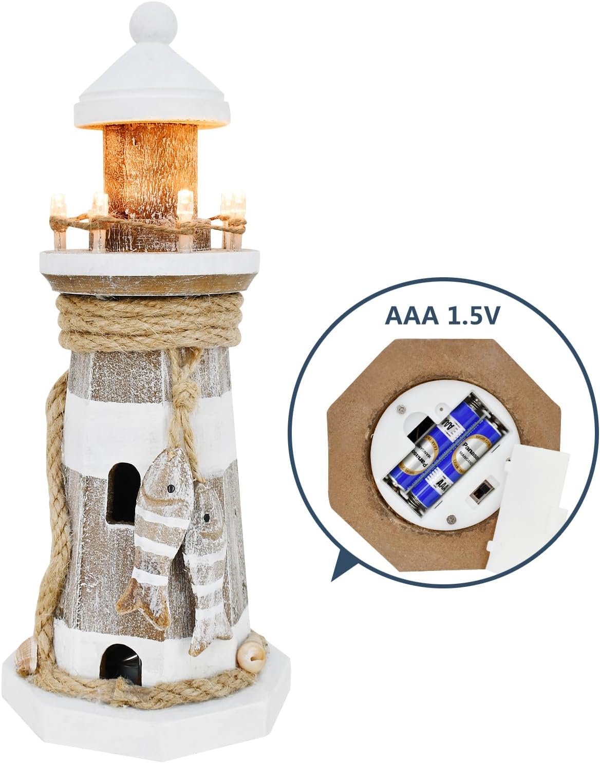 Wovorins Wooden Lighthouse with Lights 9 Inch